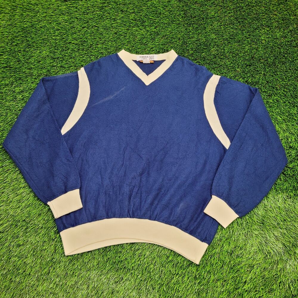 Vintage 80s MOD Ringer Sweater Large 22x25 Crop Blue Beige
